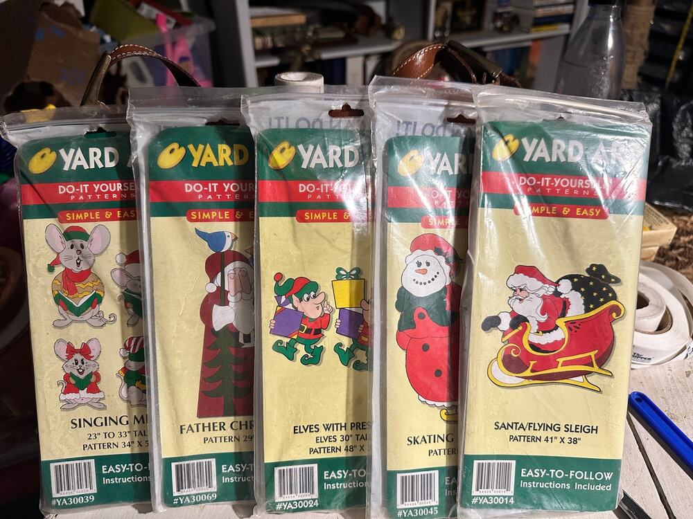 VTG NOS Yard Art Christmas Patterns (5) elves, Santa, snowman, mice, Father Xmas